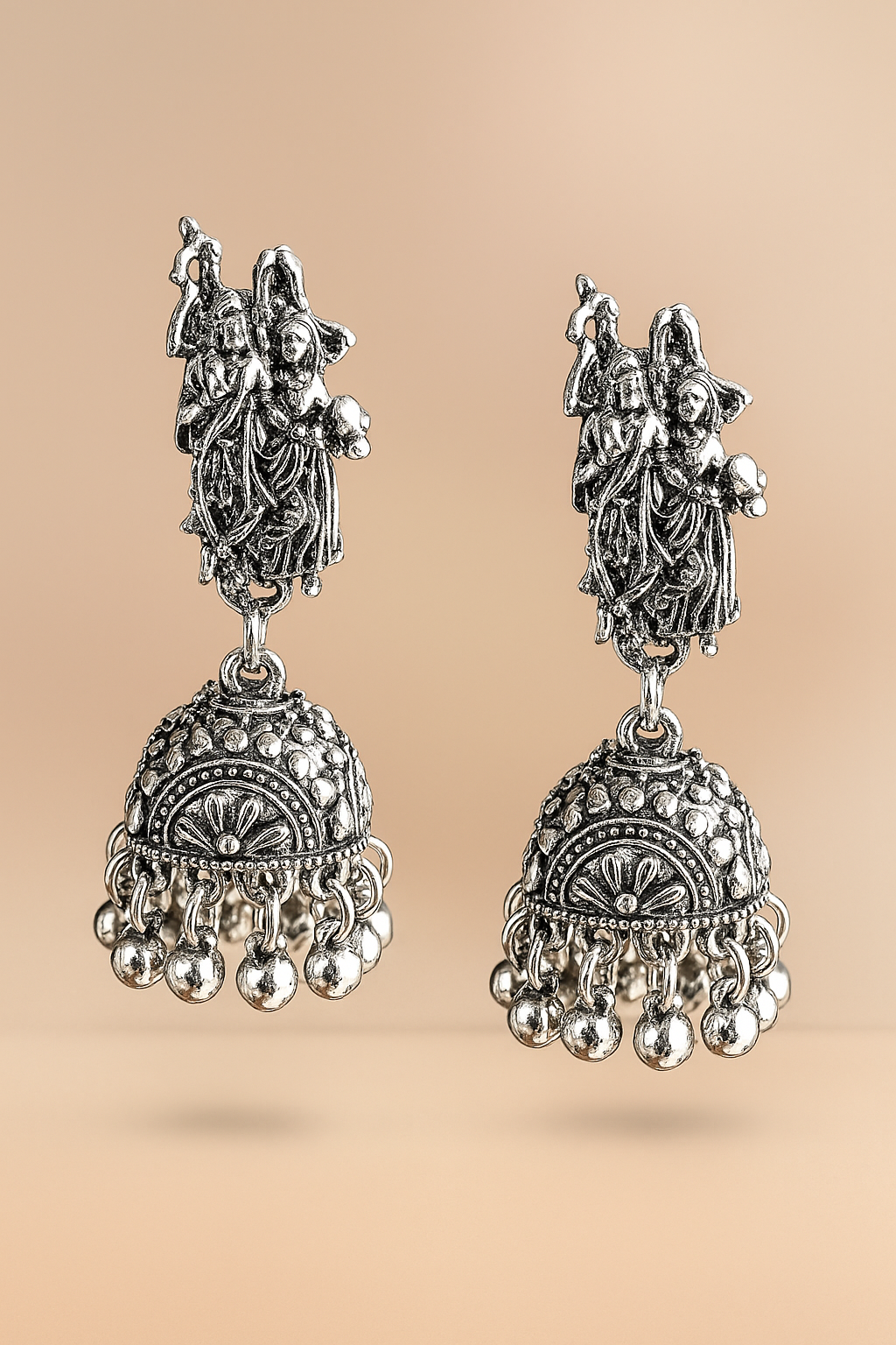 Silver Radha Krishna Necklace Set with Jhumka Earrings