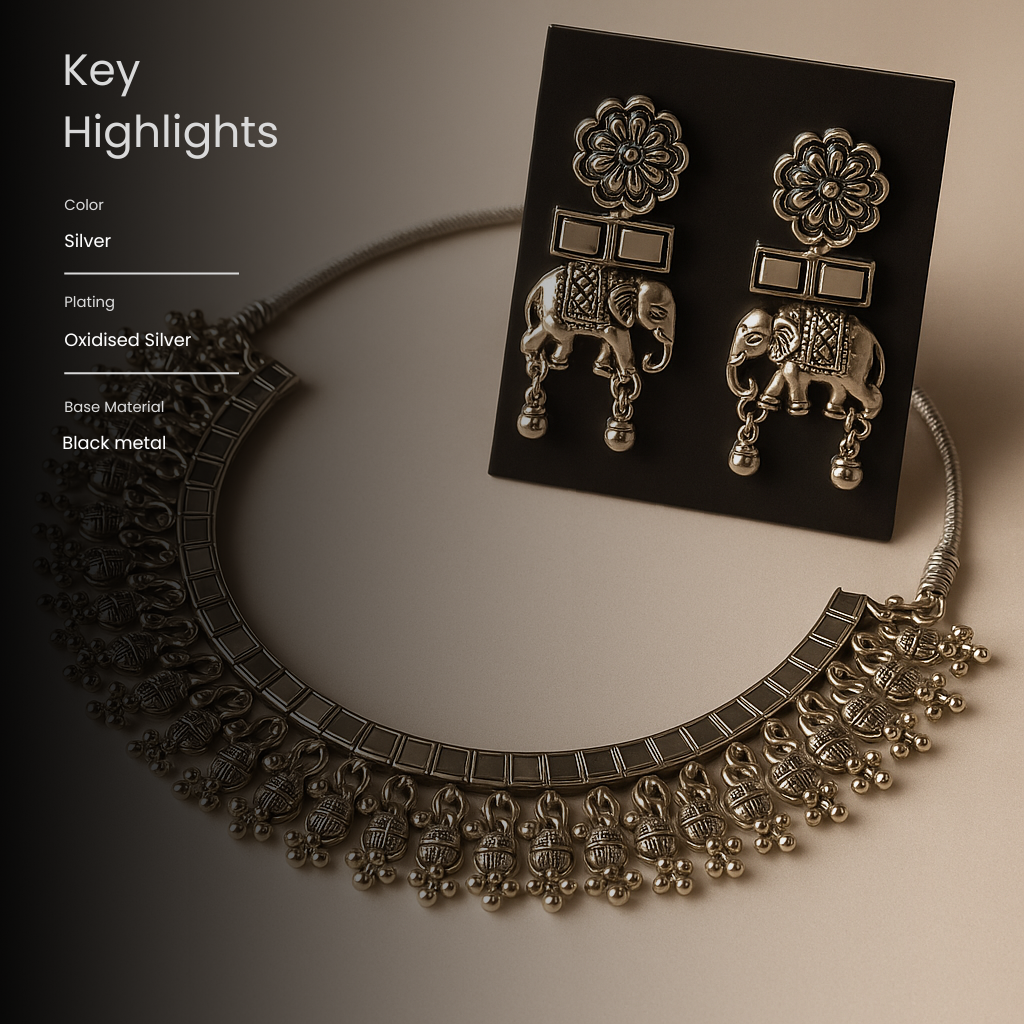 Tribal Elegance Oxidized Necklace & Elephant Earring Set